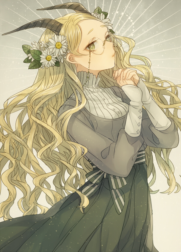 1girl, arisuda, blonde_hair, curly_hair, dress, flower, hair_ornament, horn, long_hair, original, solo, yellow_eyes