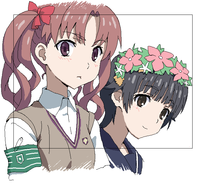 brown_hair, flower, hair_flower, hair_ornament, head_wreath, kazunari, oekaki, school_uniform