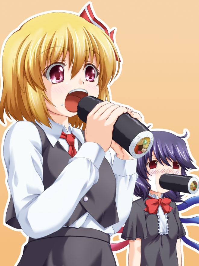 2girls, houjuu_nue, kirisawa_tokito, multiple_girls, open_mouth, rumia, sushi, touhou