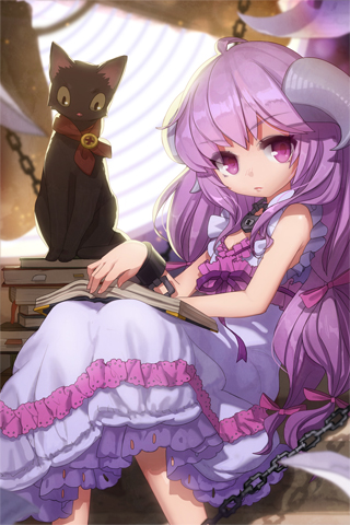 ahoge, amrita, black_cat, book, bow, cat, chain, dress