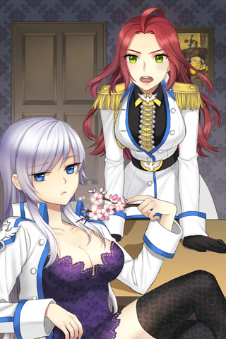 ahoge, bangs, belt, beuliseuka, black_legwear, blue_eyes, breasts, cleavage, collarbone, door, epaulettes, flower, frown, gloves, green_eyes, holding, jacket, jaina_preventer, long_hair, lowres, open_mouth, parted_bangs, purple_hair, redhead, sigma_(sword_girls), sitting, standing, swept_bangs, sword_girls, thigh-highs, wavy_hair