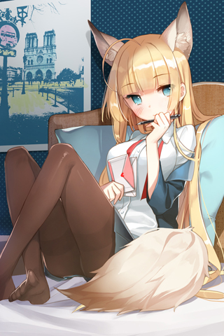 ahoge, animal_ears, bangs, bed, black_legwear, blonde_hair, blunt_bangs, blush, dress_shirt, envelope, green_eyes, helena_k_sink, holding, jacket, letter, long_hair, lowres, notre_dame_de_paris, pantyhose, pencil, pillow, pleated_skirt, polka_dot, poster, salt_(salty), shirt, sitting, skirt, smile, sword_girls, tail, very_long_hair