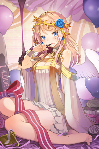 angel_wings, armlet, balloon, bangs, bare_shoulders, barefoot, blonde_hair, blue_eyes
