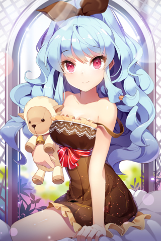 bare_shoulders, bell, bell_collar, blue_hair, bow, collar, collarbone, dress, frilled_dress, frills, gilse, hair_bow, holding, leg_up, linus_falco, long_hair, lowres, ponytail, red_eyes, ribbon, sheep, smile, solid_circle_eyes, strap_slip, striped, stuffed_animal, stuffed_toy, sword_girls, very_long_hair, wavy_hair