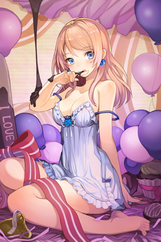 balloon, bangs, bare_shoulders, barefoot, blonde_hair, blue_eyes, bow, breasts