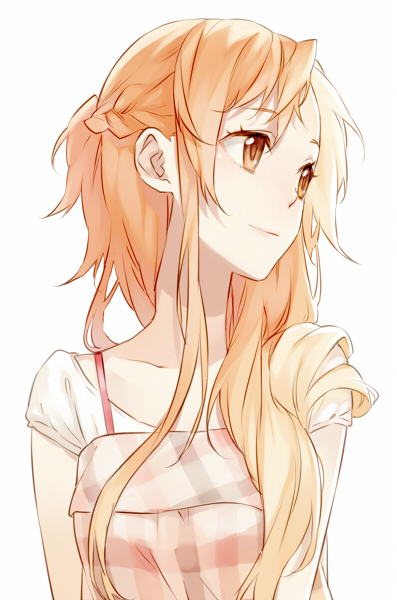 1girl, asuna_(sao), braid, brown_eyes, brown_hair, bust, casual, light_smile