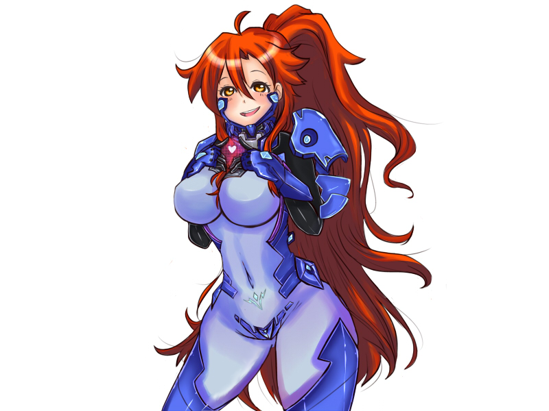 1girl, ahoge, blush, bodysuit, breasts, colored, crotch_plate, gun-dere, heart, large_breasts, long_hair, muvluv, navel, parody, ponytail, redhead, revision, skin_tight, smile, solo, tengen_toppa_gurren_lagann, very_long_hair, yellow_eyes, yoko_littner