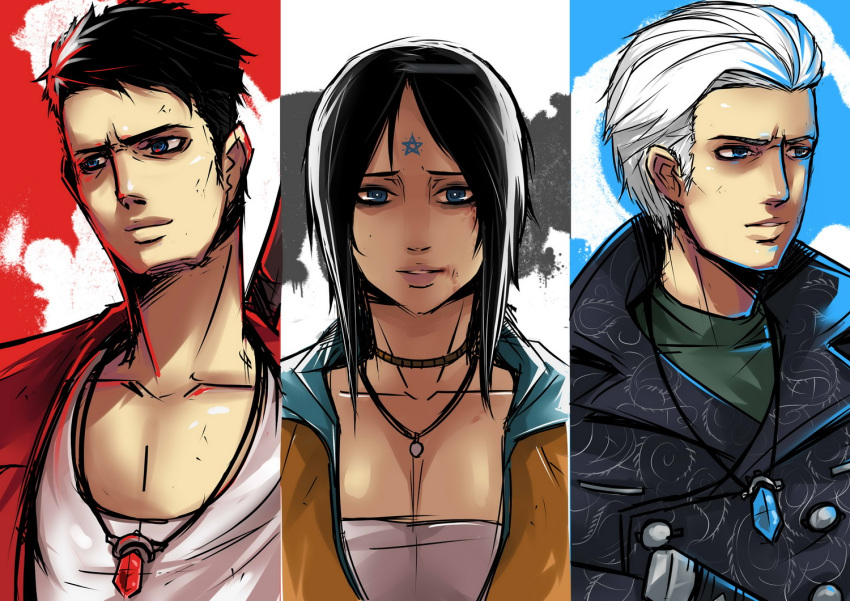 1girl, 2boys, bangs, black_hair, blue_eyes, bruise, bust, column_lineup