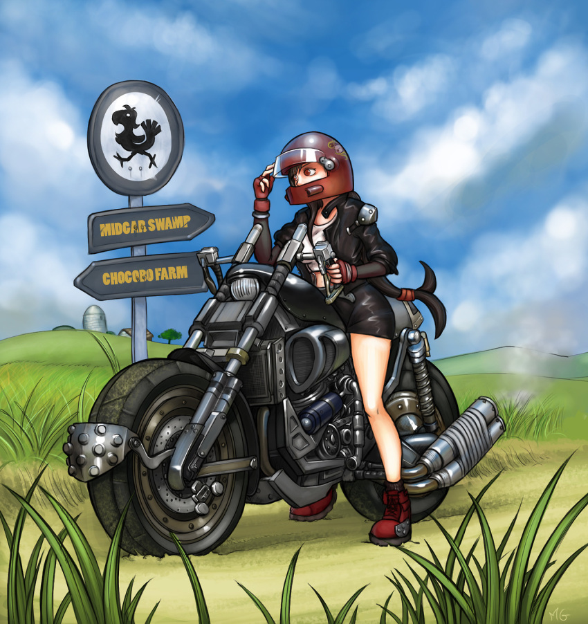 1girl, black_hair, blue_sky, boots, chocobo, field, final_fantasy, final_fantasy_vii