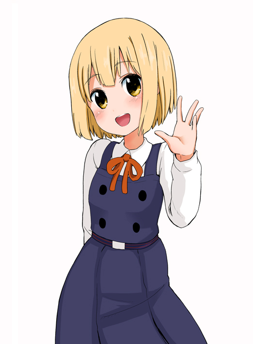 1girl, blonde_hair, blush, magokorokurage, open_mouth, school_uniform, short_hair, simple_background, smile, solo, tamako_market, tokiwa_midori, waving, yellow_eyes