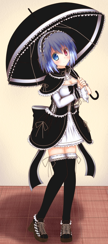 1girl, alternate_costume, black_legwear, blue_eyes, blue_hair, breasts, capelet, cleavage