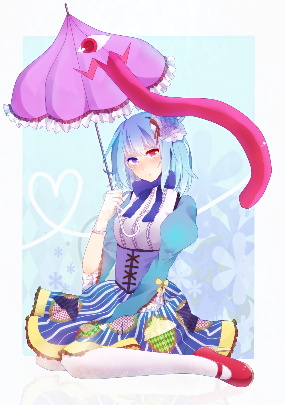 1girl, ahoge, alternate_costume, blue_eyes, blue_hair, blush, bow, dress