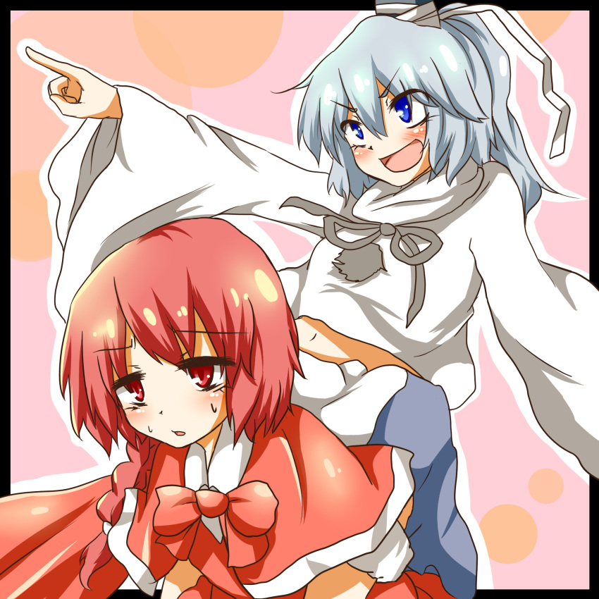 2girls, blue_eyes, blush, bow, braid, cape, capelet, dress
