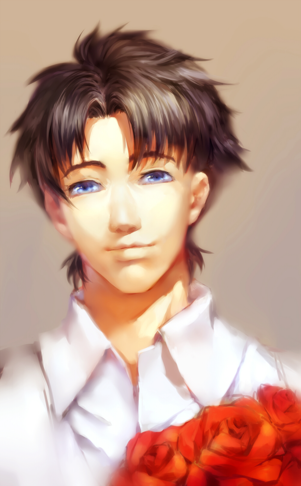 1boy, blue_eyes, bouquet, brown_hair, flower, jojo_no_kimyou_na_bouken, jonathan_joestar, red_roses, shuangnanhuo, solo