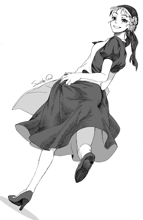 1girl, apron, bandana, character_name, dress, high_heels, jojo_no_kimyou_na_bouken, kisarazu_tetsuya, monochrome, shoes, solo, suzi_quatro