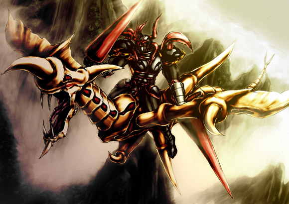 armor, dual_wielding, duel_monster, emudoru, fangs, flying, gaia_the_dragon_champion, horn