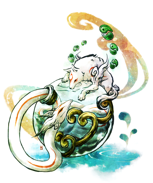 amaterasu, fuchi., no_humans, nuregami, ookami_(game), snake, water, wolf