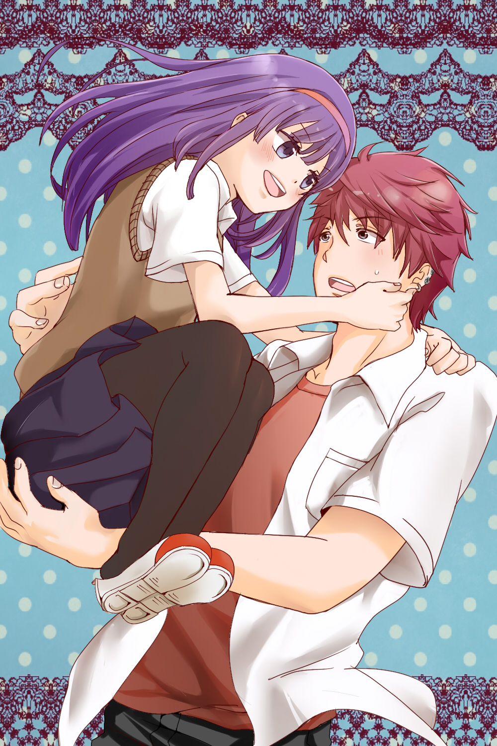 1boy, 1girl, blush, earrings, jewelry, oresama_teacher, pantyhose, piercing