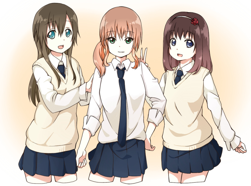 3girls, :d, aqua_eyes, basehu, blonde_hair, blue_eyes, brown_hair, flower