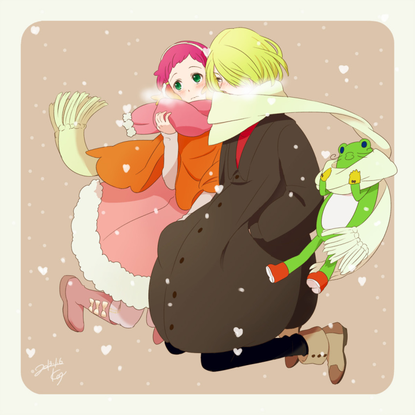 1boy, 1girl, aquarion_(series), aquarion_evol, blonde_hair, blush, coat, couple