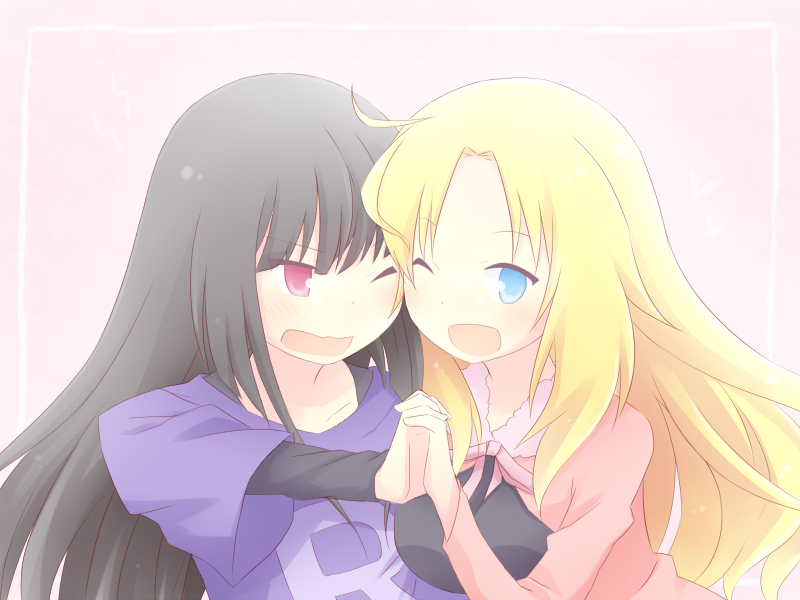 1boy, 1girl, akasaka_ryuunosuke, black_hair, blonde_hair, blue_eyes, blush, holding_hands