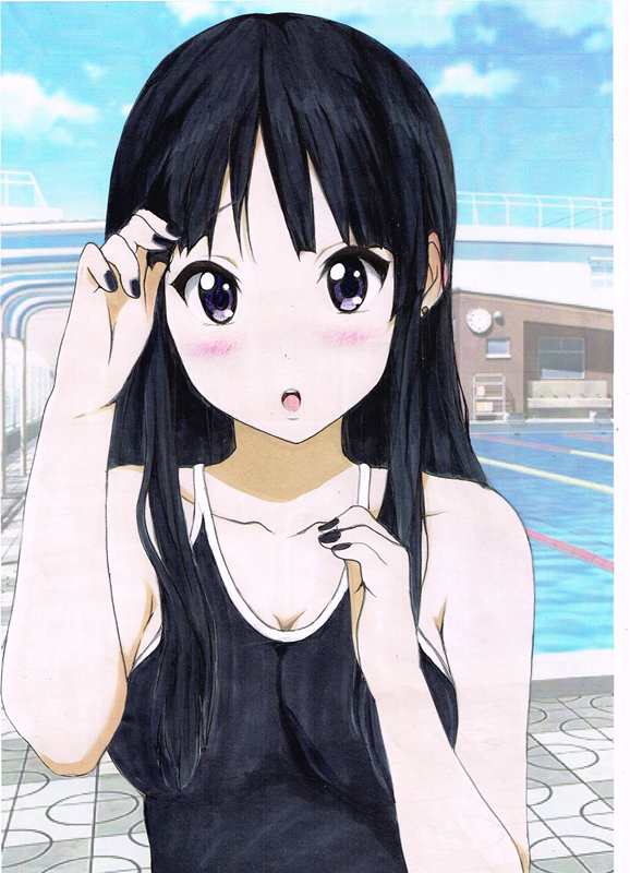 1girl, akiyama_mio, barefoot, black_eyes, black_hair, blush, highres, hime_cut