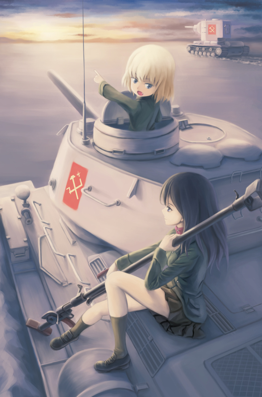 2girls, anti-materiel_rifle, blonde_hair, clouds, girls_und_panzer, gun, katyusha, kv-2, long_hair, military, military_vehicle, multiple_girls, nonna, pointing, rifle, short_hair, sniper_rifle, sunrise, t-34, tank, tkfkid, vehicle, weapon