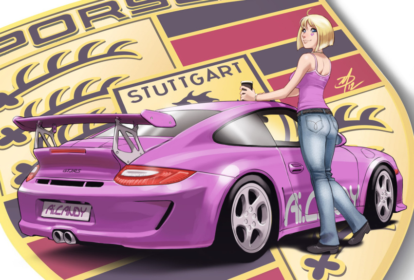 1girl, ahoge, ai_candy, back, badge, belt, blonde_hair, blue_eyes, bob_cut, boots, breasts, car, coffee, daniel_macgregor, facial_tattoo, from_behind, highres, jeans, motor_vehicle, original, porsche, porsche_911, short_hair, solo, tattoo, vehicle