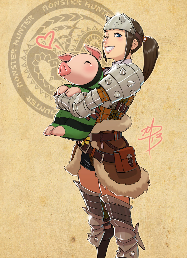 1girl, ;), armor, blue_eyes, boots, brown_hair, character_request, daniel_macgregor