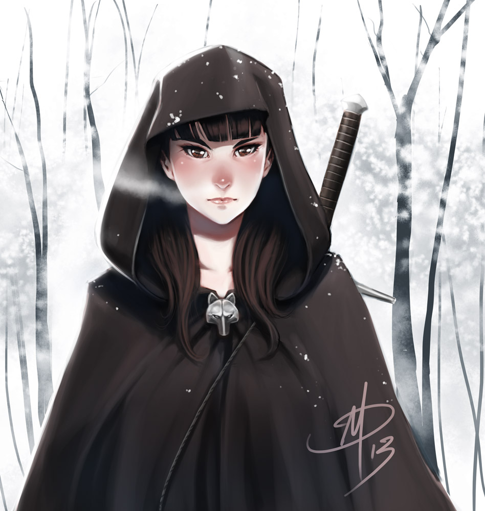 1girl, a_song_of_ice_and_fire, brooch, brown_eyes, brown_hair, cape, daniel_macgregor, forest, hood, jewelry, lips, long_hair, nature, nose, over_shoulder, signature, snow, solo, sword, sword_over_shoulder, weapon, weapon_over_shoulder, winter