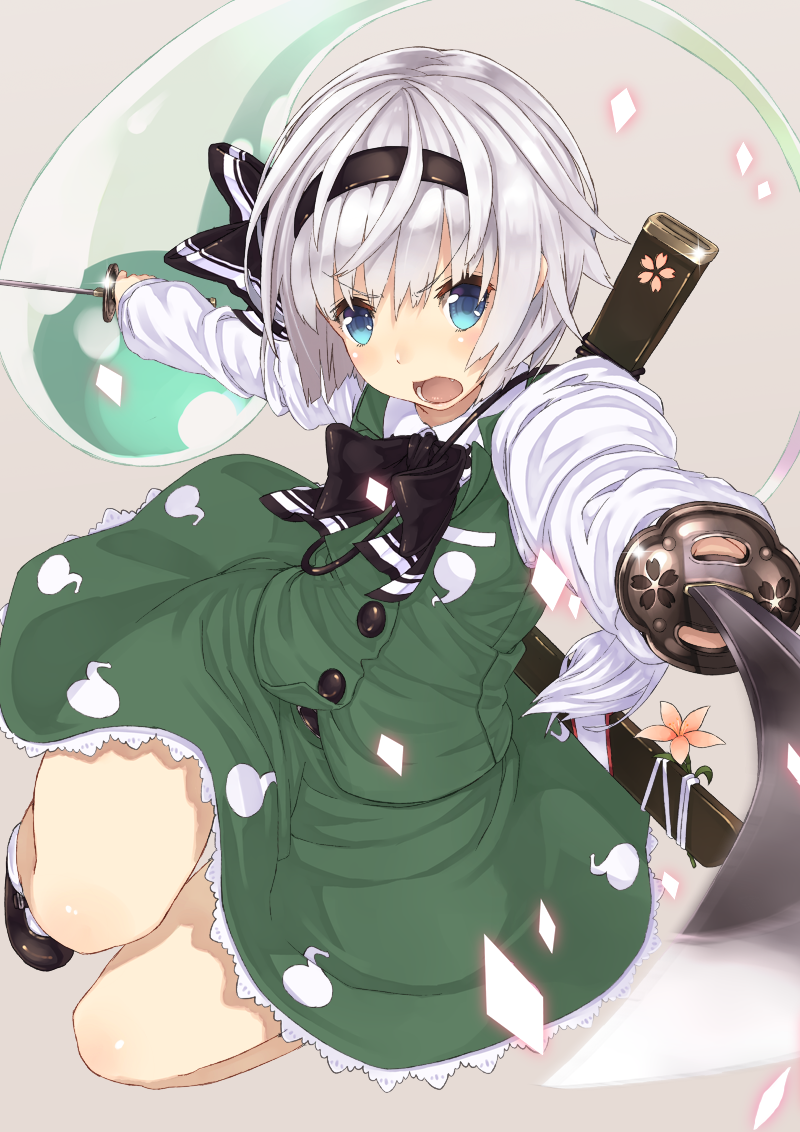 1girl, blue_eyes, blush, dual_wielding, fang, hairband, katana, konpaku_youmu
