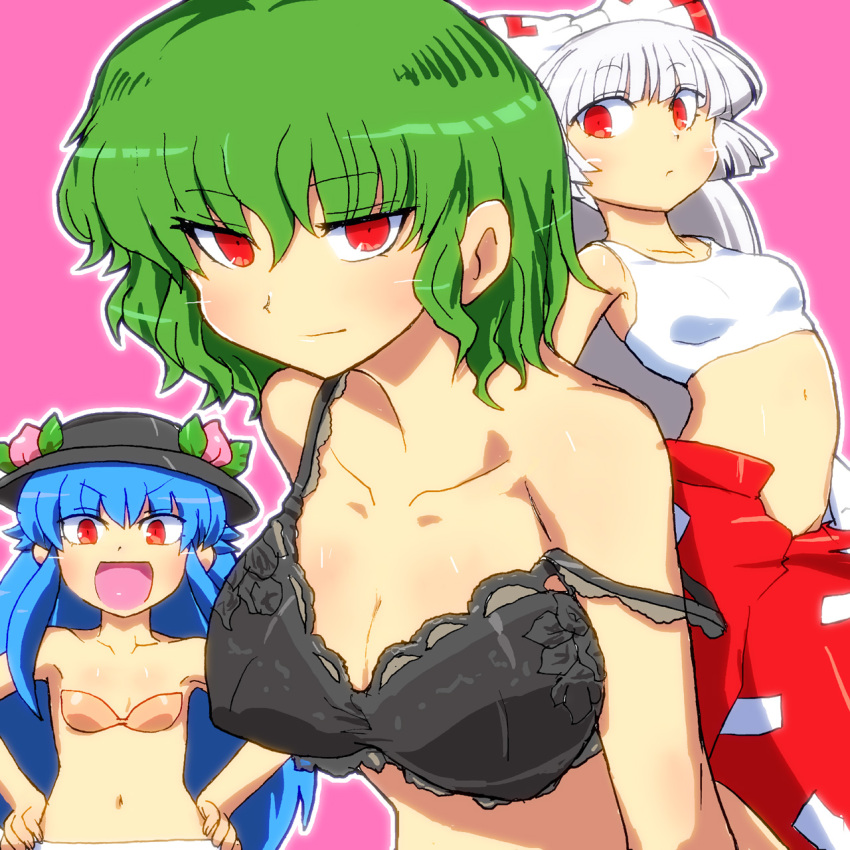 3girls, blue_hair, bra, breasts, cleavage, collarbone, fujiwara_no_mokou, gomi_ichigo