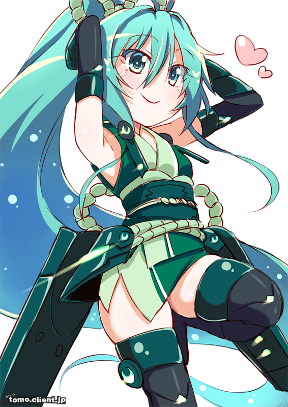 1girl, aqua_eyes, aqua_hair, gauntlets, greaves, kitahara_tomoe_(kitahara_koubou), long_hair, vividgreen
