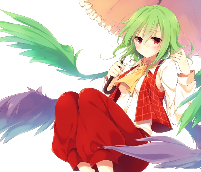 1girl, ascot, green_hair, holding, kazami_yuuka, kazami_yuuka_(pc-98), looking_at_viewer, pants, plaid, plaid_vest, red_eyes, seihou, short_hair, smile, solo, toosaka_asagi, touhou, touhou_(pc-98), umbrella, wings