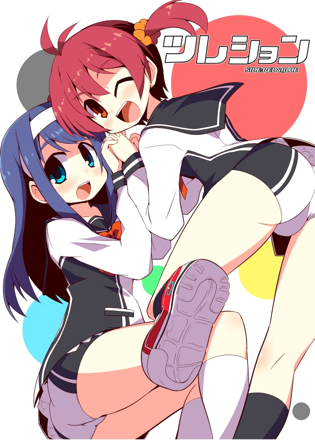 2girls, blue_eyes, blue_hair, brown_eyes, brown_hair, futaba_aoi_(vividred_operation), isshiki_akane, long_hair
