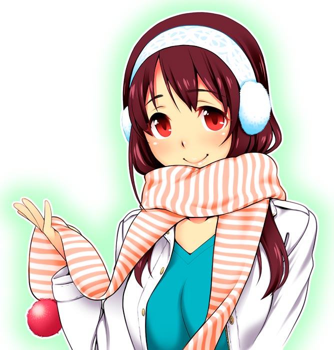 1girl, blush, earmuffs, long_hair, looking_at_viewer, original, red_eyes, redhead