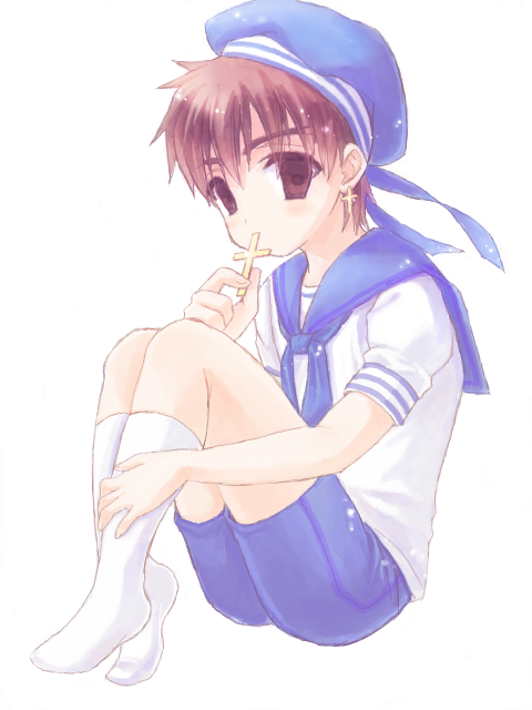 1boy, @co, brown_eyes, brown_hair, child, cross, cross_earrings, cross_necklace