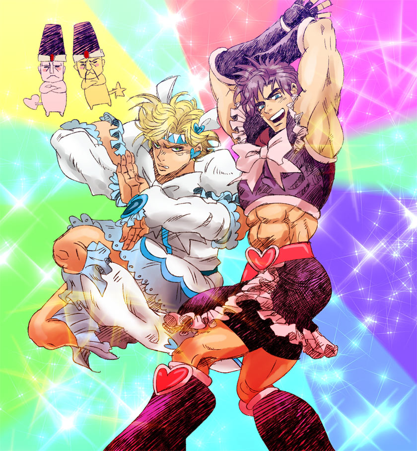 2boys, aokumo_2, caesar_anthonio_zeppeli, cosplay, cure_black, cure_black_(cosplay), cure_white, cure_white_(cosplay), futari_wa_precure, futari_wa_precure_max_heart, headband, jojo_no_kimyou_na_bouken, joseph_joestar_(young), loggins_(jojo), magical_girl, mepple, messina_(jojo), midriff, mipple, multiple_boys, parody, precure