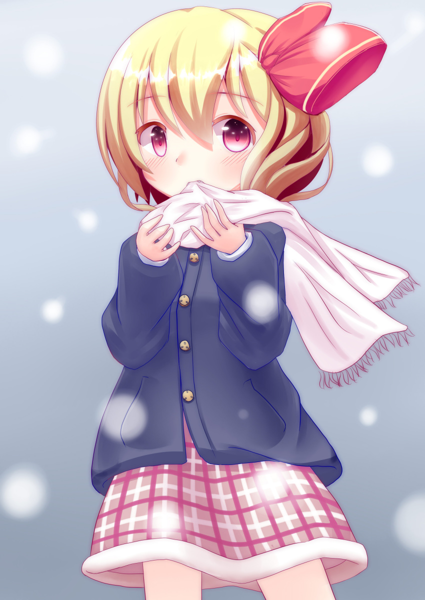 1girl, absurdres, alternate_costume, biting_clothes, blonde_hair, blue_background, blush, choko_(mixberry_parfait), coat, fang, fur_trim, hair_ribbon, highres, looking_at_viewer, plaid, plaid_skirt, red_eyes, ribbon, rumia, scarf, short_hair, simple_background, skirt, snow, solo, touhou