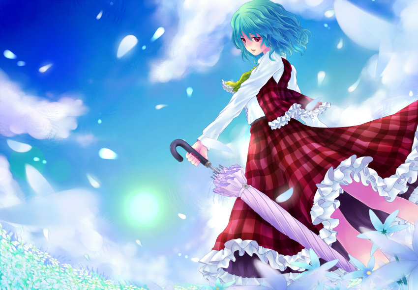 1girl, ascot, blue_sky, closed_umbrella, clouds, clumeal, daisy, dress_shirt