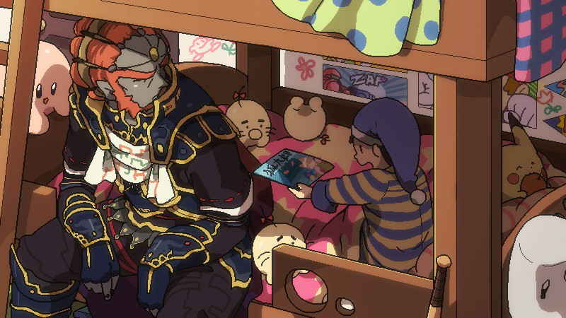 apple, armor, baseball_bat, black_hair, book, doseisan, food, fruit