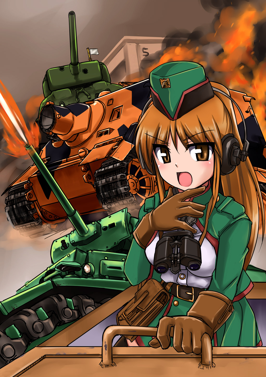 battle, belt, binoculars, fire, flag, girls_und_panzer, gloves, hat, headphones, m4_sherman, map_case, microphone, military, military_uniform, military_vehicle, panzerkampfwagen_iii, self-propelled_gun, sturmtiger, tank, thigh-highs, tokihama_jirou, uniform, vehicle, white_flag, zettai_ryouiki