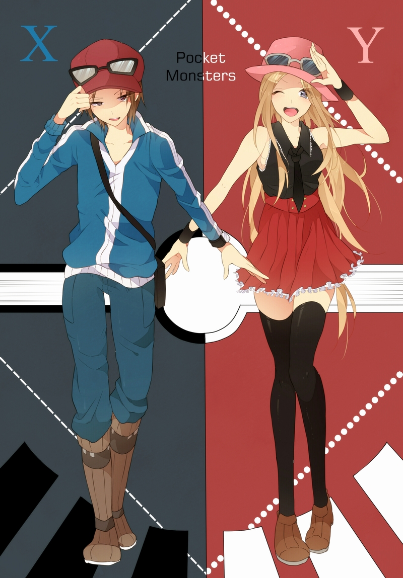 1boy, 1girl, bare_shoulders, blonde_hair, brown_eyes, brown_hair, calme_(pokemon), grey_eyes