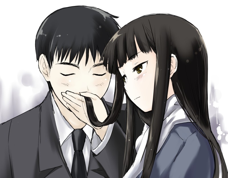 1boy, 1girl, black_hair, blush, closed_eyes, formal, hair_down, hijikata_keisuke