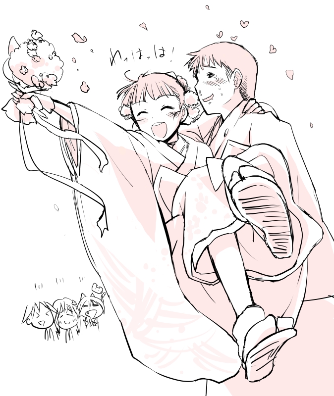 1boy, 1girl, :d, ^_^, blush, bouquet, closed_eyes, flower