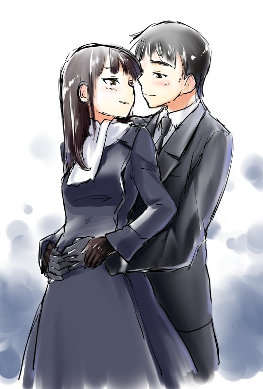 1boy, 1girl, black_hair, blush, couple, eye_contact, formal, gloves