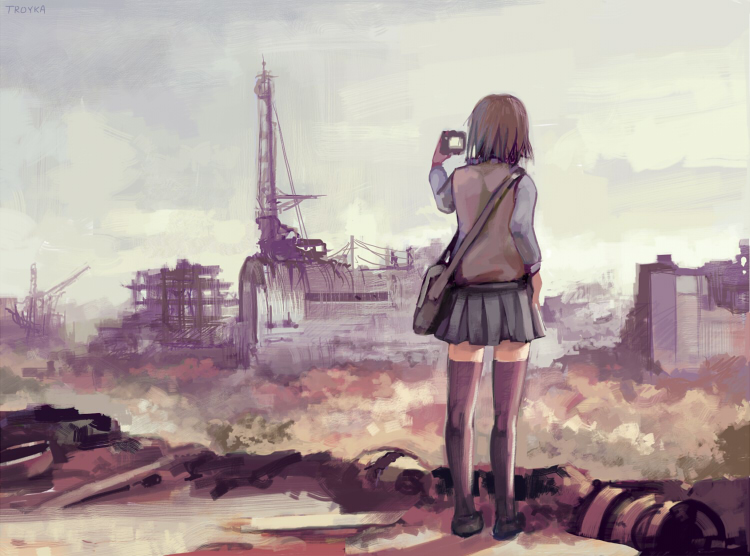 1girl, bag, cityscape, ruins, skirt, solo, tagme, taking_picture