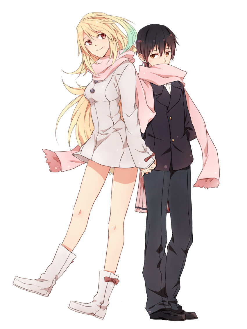 1boy, 1girl, aqua_hair, black_hair, blonde_hair, boots, brown_eyes, coat