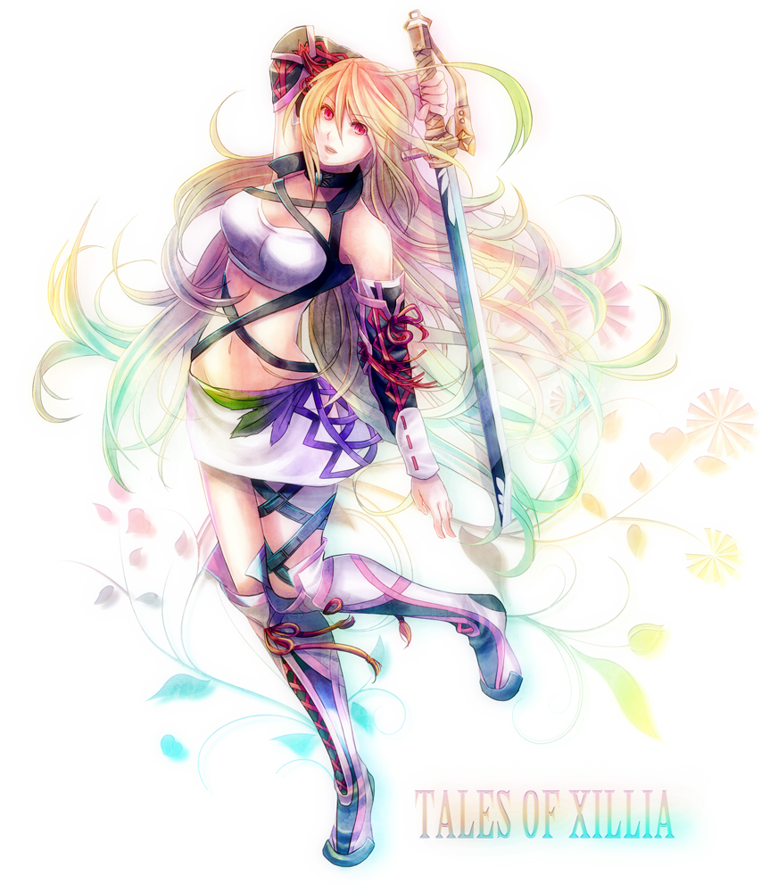 1girl, ahoge, arm_up, arm_warmers, bandeau, blonde_hair, boots, gradient_hair, green_hair, long_hair, midriff, milla_maxwell, miniskirt, multicolored_hair, navel, rainbow_text, red_eyes, shinrin_kusaba, skirt, smile, solo, sword, tales_of_(series), tales_of_xillia, thigh-highs, thigh_boots, title_drop, weapon