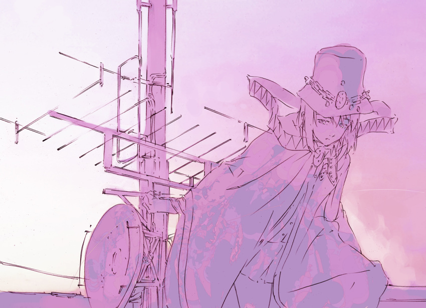 boogiepop_(character), chain, cloak, hat, kitano_yuusuke, monochrome, pink, purple, short_hair, skirt, solo, yin_yang